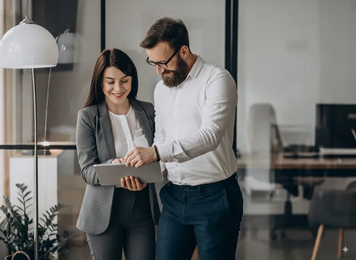 Two colleagues discussing work while using tablets in an office setting