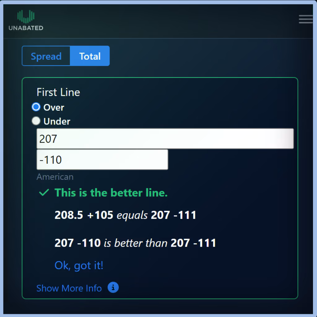 Unabated Line fair-odds interface