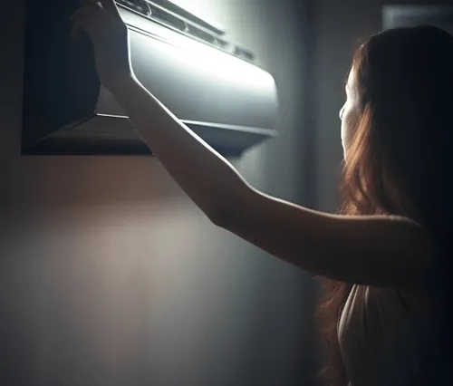 A woman adjusts the settings on a wall-mounted air conditioner in a dimly lit room.
