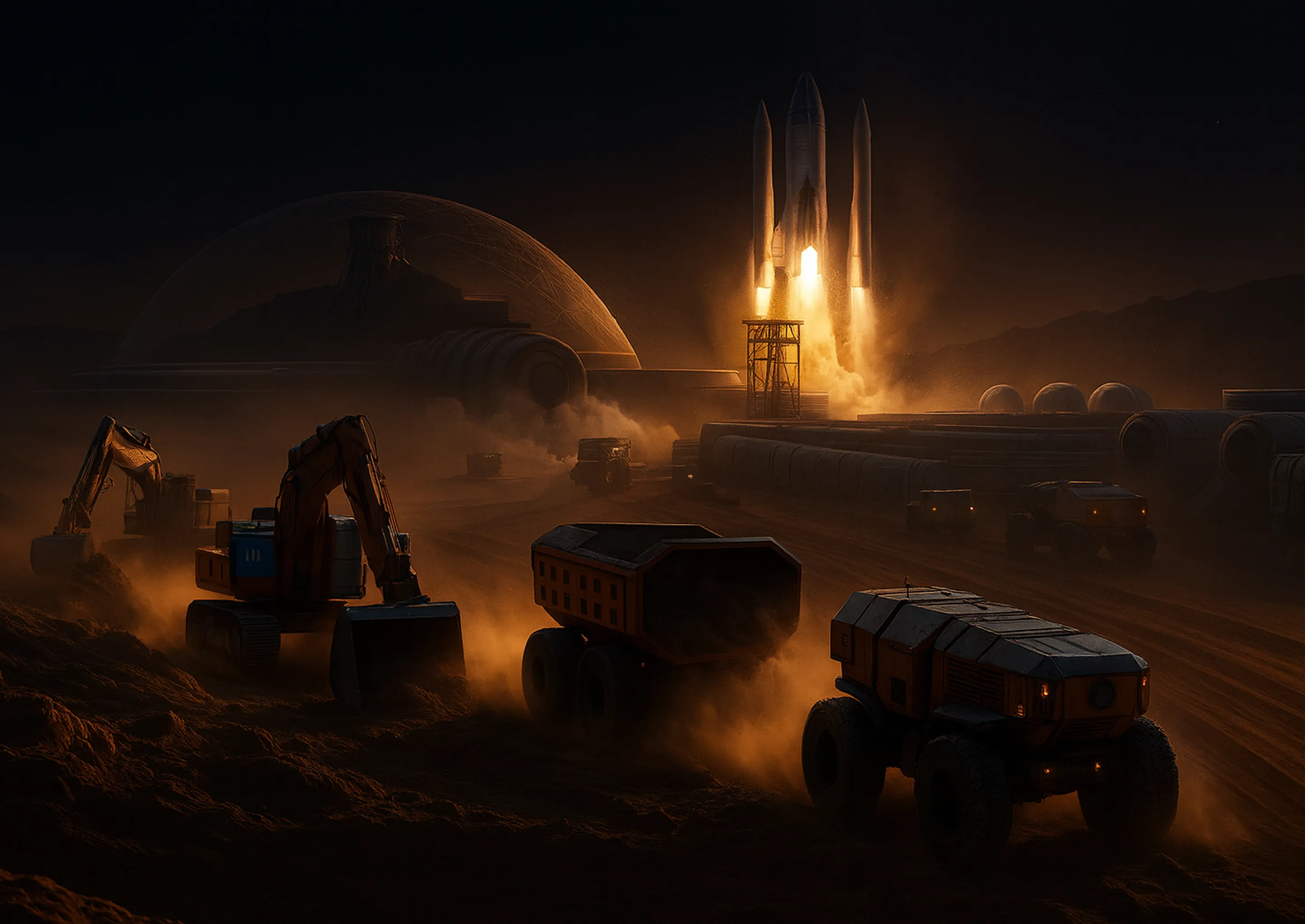 Futuristic Mars colony scene with construction vehicles working on the surface as a rocket launches near a domed habitat.