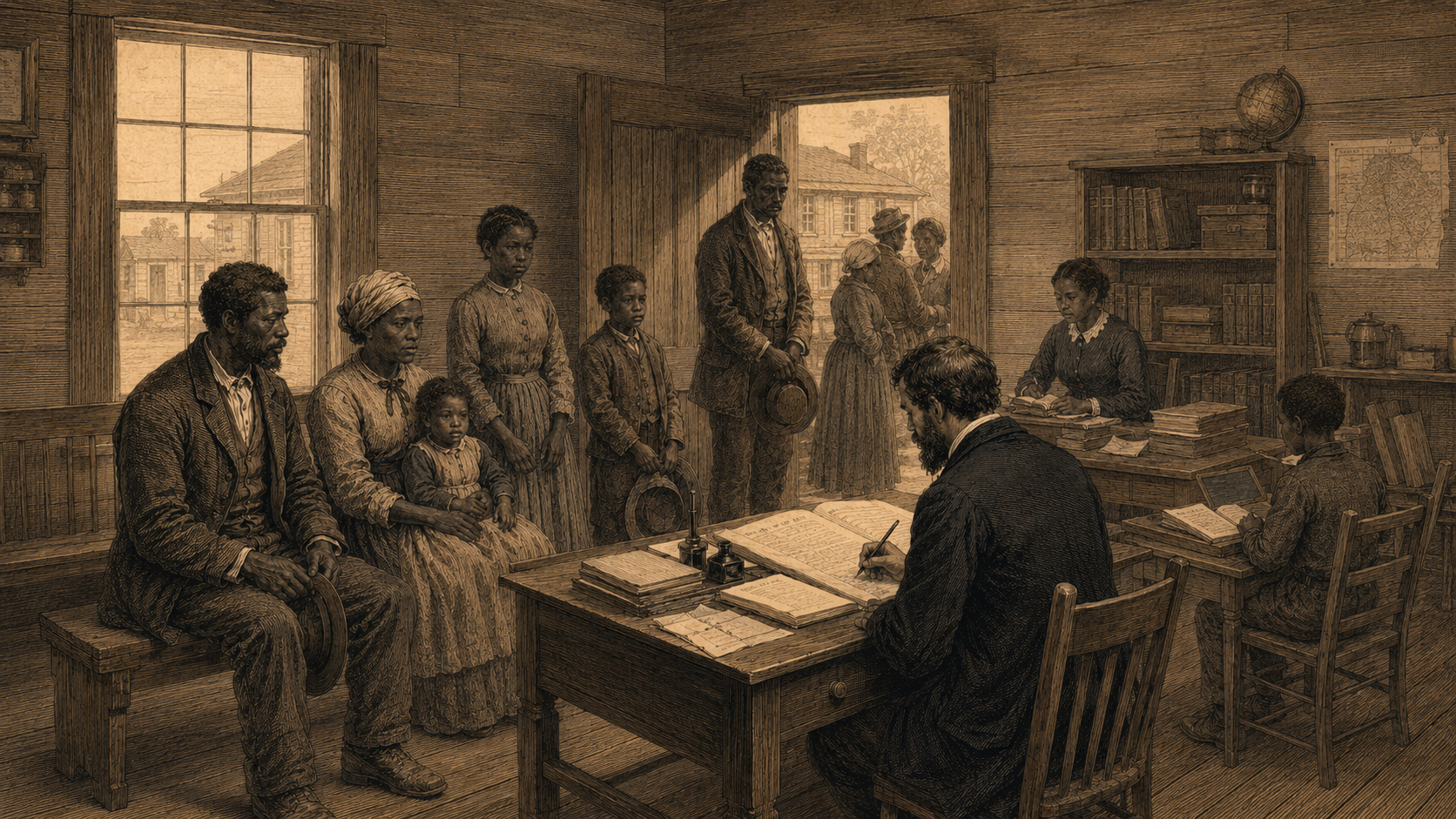 Archival-style illustration of formerly enslaved families and federal records during Reconstruction, suggesting education, labor contracts, and the search for stability after emancipation.