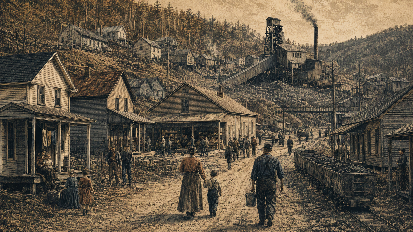 Archival-style illustration of a rural Appalachian company town with worker houses, a company store, and an industrial mine or mill structure, showing how work, housing, and daily life were tied to one employer.