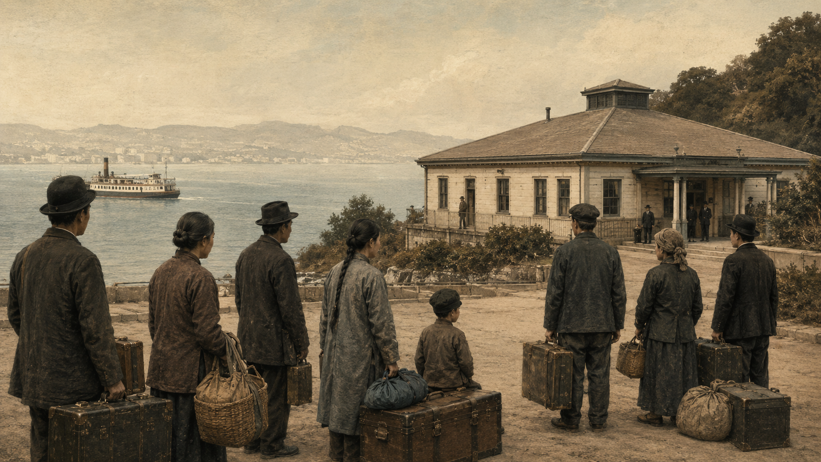 Archival-style illustration of Angel Island Immigration Station in San Francisco Bay, with immigrants waiting near the water and a federal station building suggesting detention, interrogation, and arrival through the West Coast.