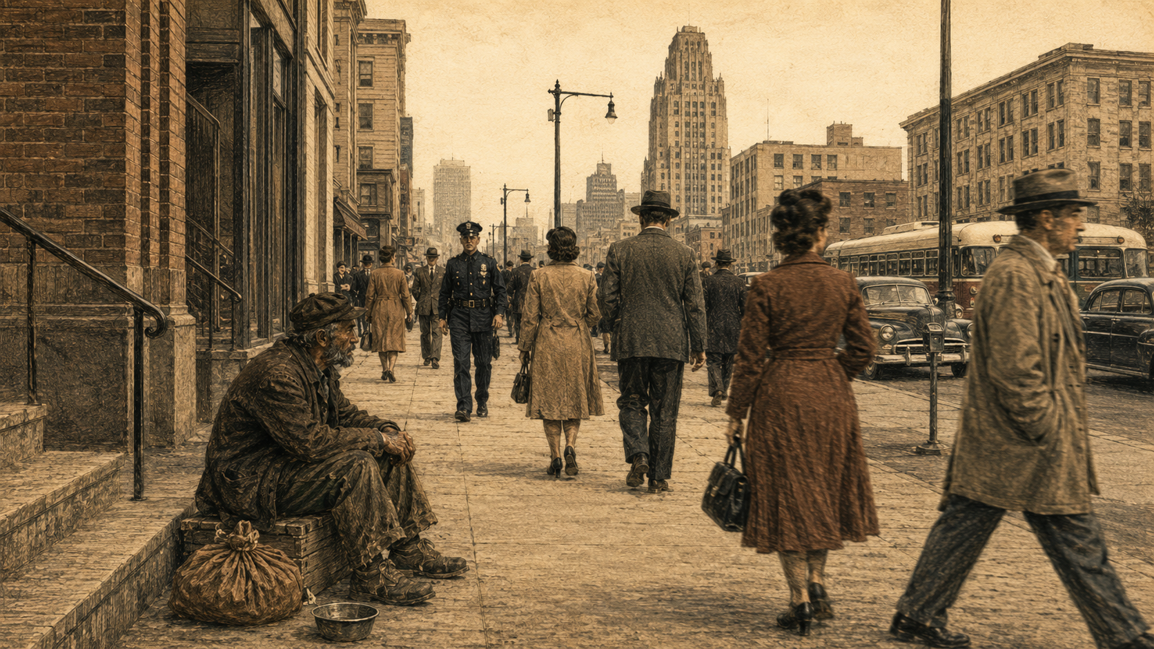 Archival-style illustration of a late 19th-century city sidewalk where a visibly disabled or poor person sits near public foot traffic while a police officer stands nearby, suggesting how law shaped who could occupy public space.