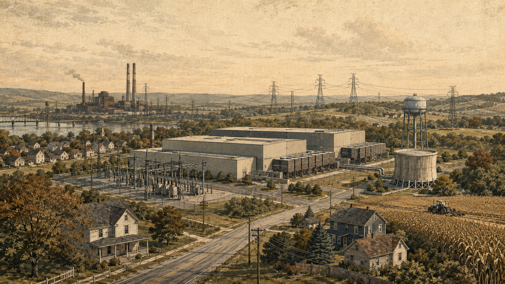 Archival-style illustration of a modern data center campus near homes, fields, transmission lines, a substation, and water infrastructure, showing the physical footprint behind digital technology.