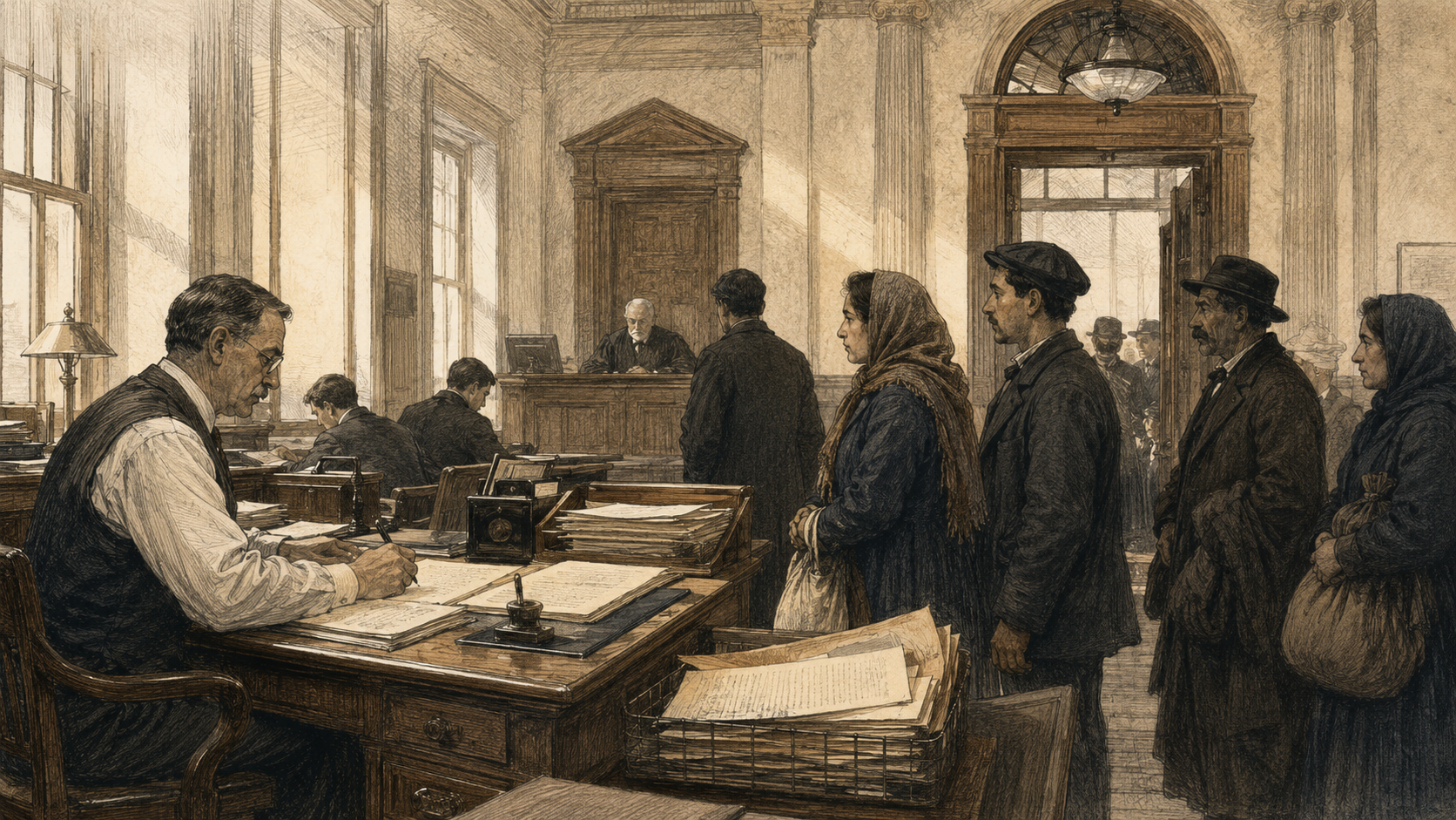 Archival-style illustration of a federal naturalization office with immigrants waiting, clerks, ledgers, and legal paperwork, suggesting how citizenship and belonging were shaped through law.