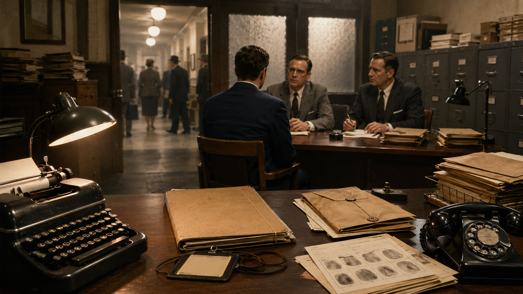 Archival-style illustration of a 1950s federal employee being questioned by personnel officials beside files, a typewriter, and administrative records representing the Lavender Scare.