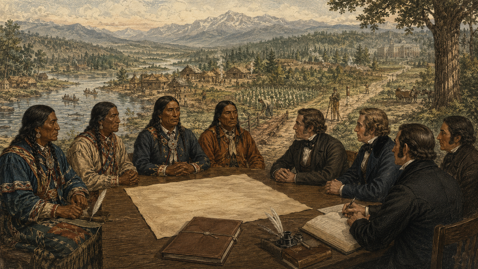 Archival-style illustration of Native leaders and United States commissioners meeting around a treaty document, with Native homelands, a river, survey markers, and a modern tribal government building suggested in the background.