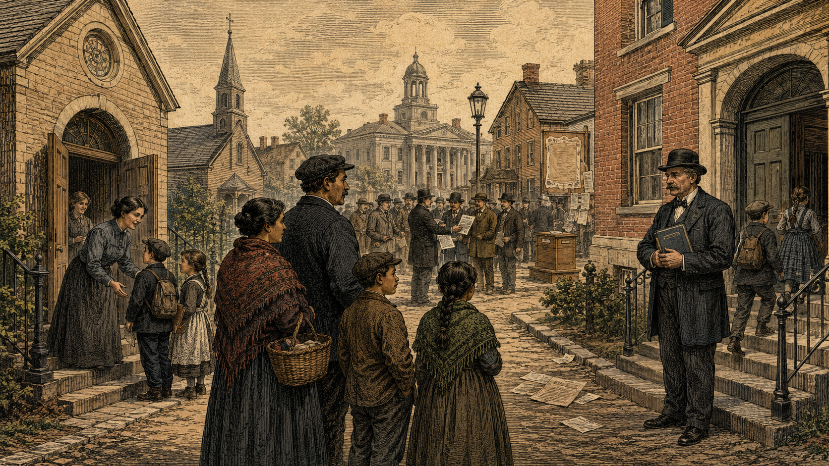 Archival-style illustration of a Catholic immigrant family standing between a parish school and a Protestant-influenced public school while political pamphlets, a ballot box, and civic buildings suggest the fight over religion and American identity.