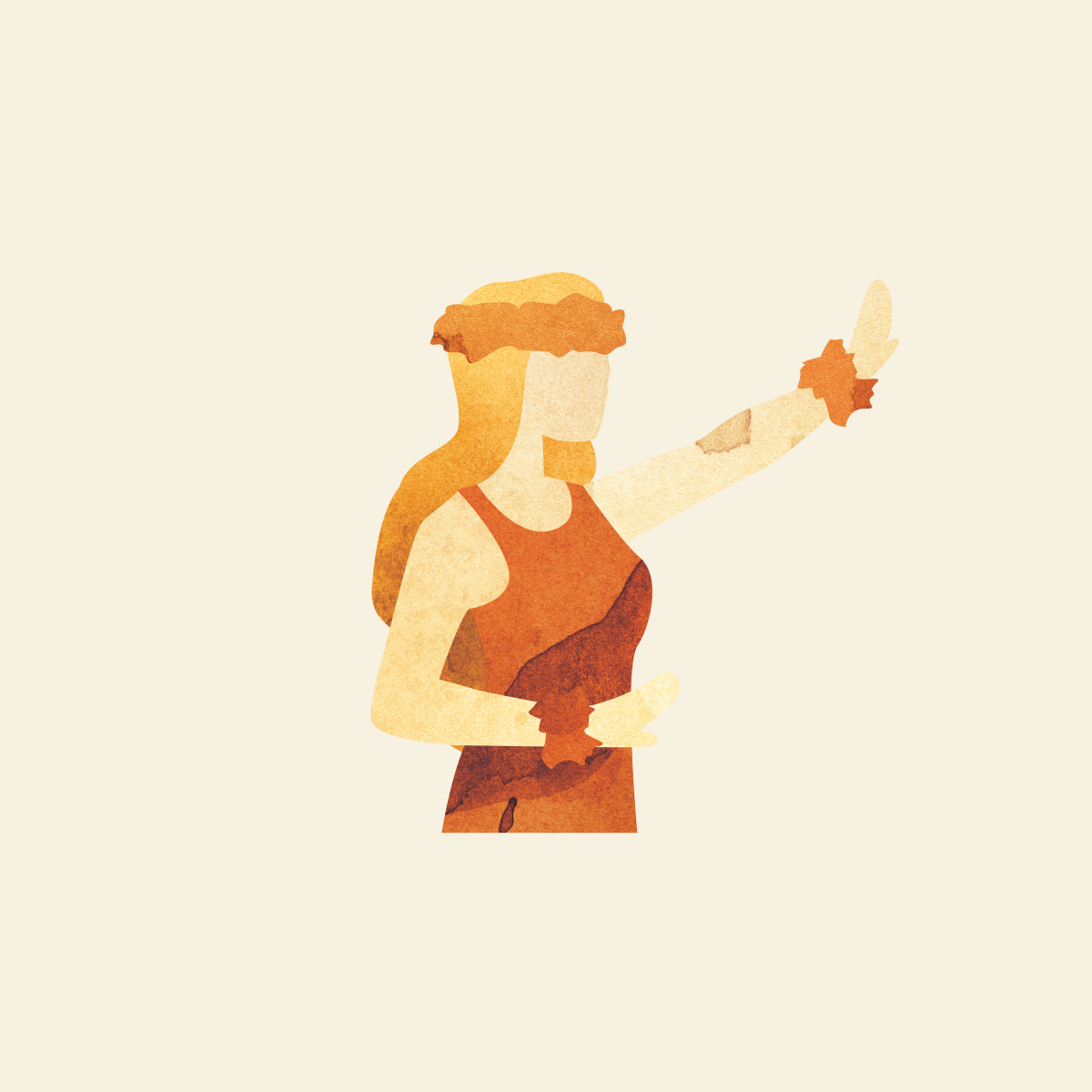 Stylized illustration of a woman dancing with arm raised, wearing a floral headband and bracelets.