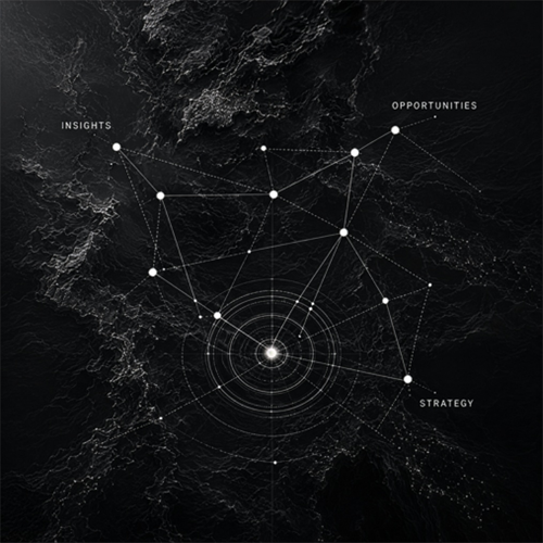 Network of connected white dots and circles on dark textured background.