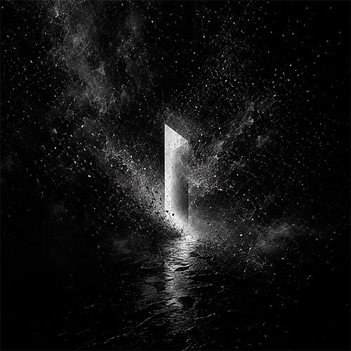 Bright vertical rectangular light shine amidst dark smoky and watery surroundings in a black space.