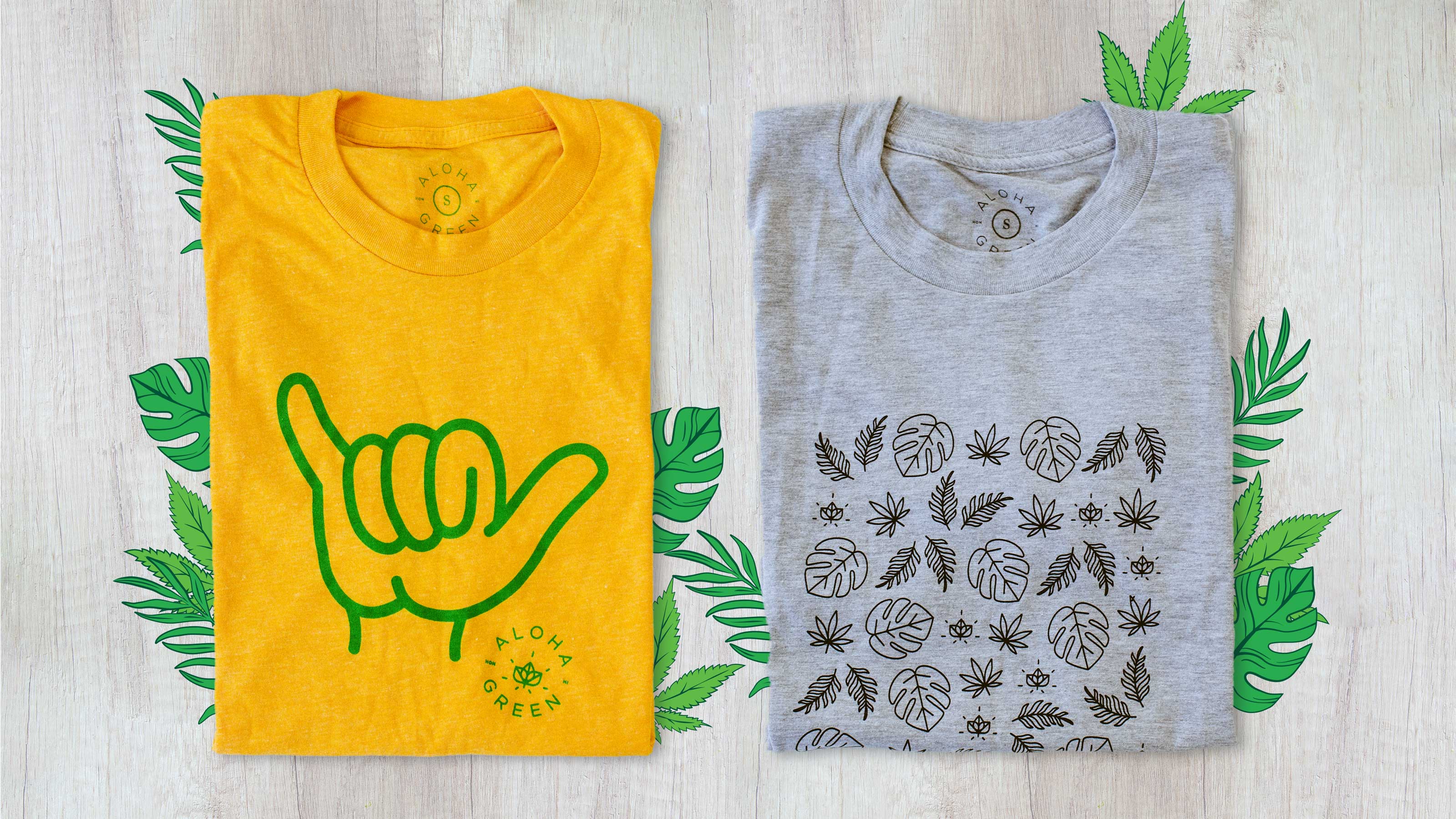 Brand identity, print collateral, and marketing materials designed for Aloha Green Apothecary.