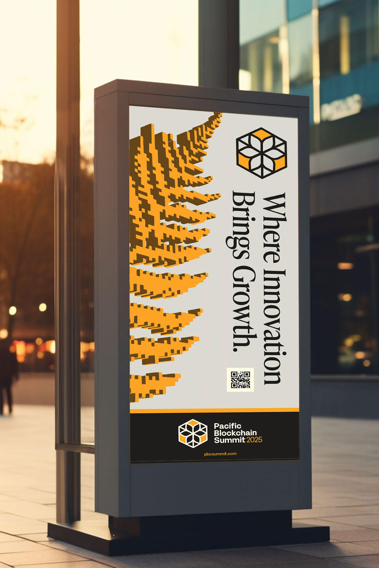 Brand identity, print collateral, and marketing materials designed for Pacific Blockchain