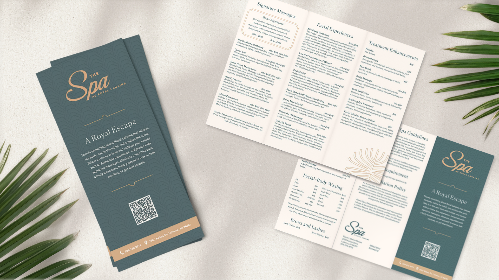 Brand identity, print collateral, and marketing materials designed for The Spa at Royal Lahaina Resort.