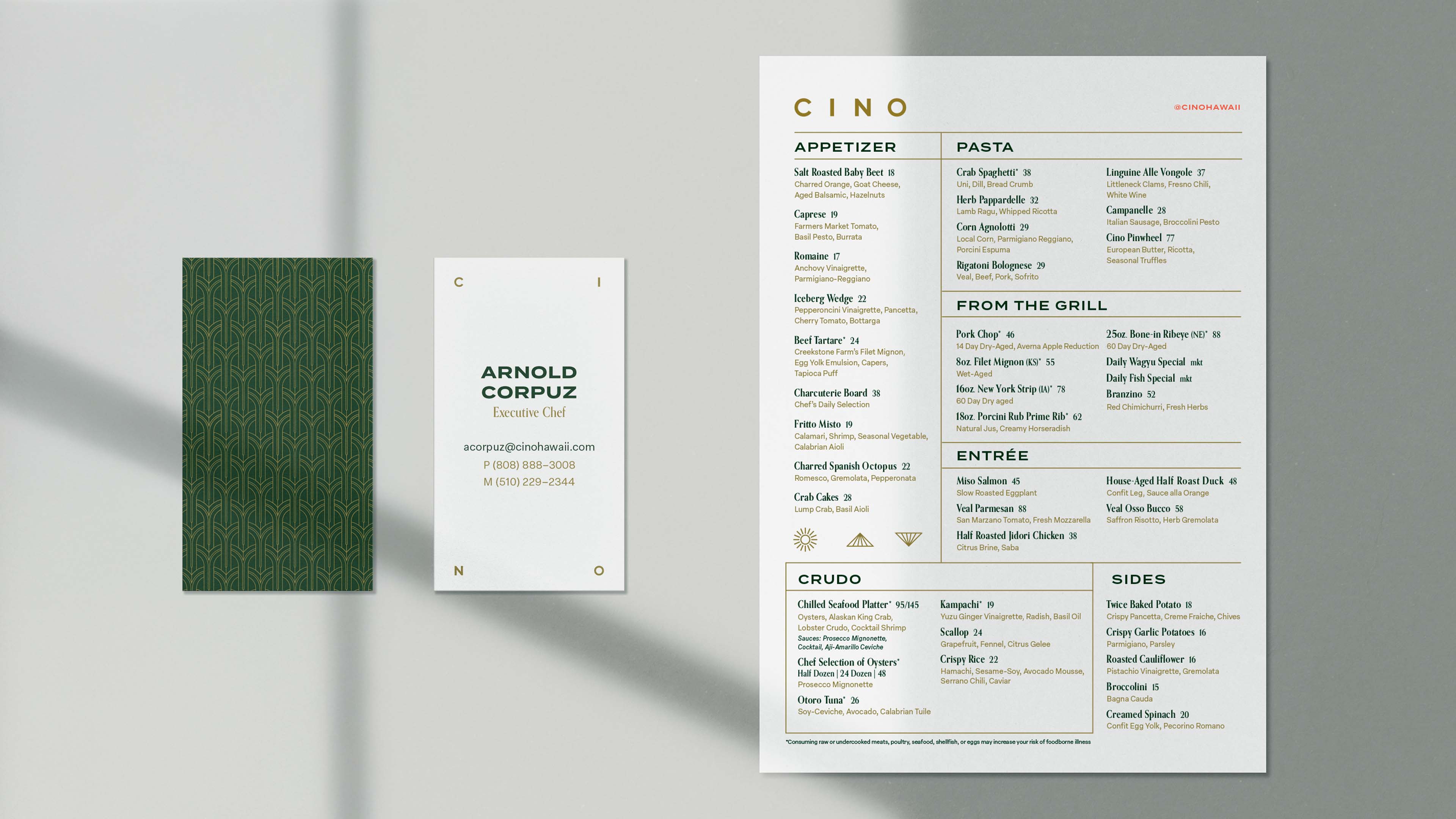Brand identity, print collateral, and marketing materials designed for cino.