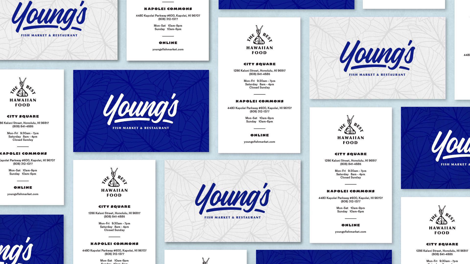 Brand identity, print collateral, and marketing materials designed for Young's Fish Market.