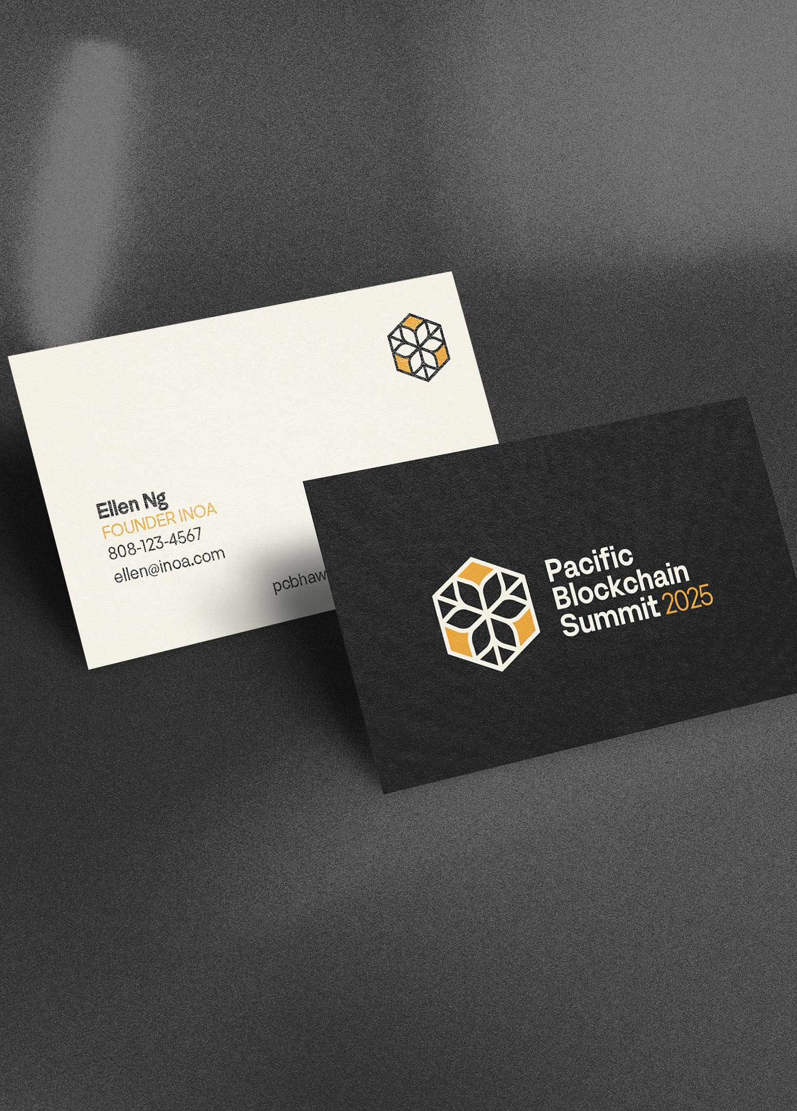 Brand identity, print collateral, and marketing materials designed for Pacific Blockchain