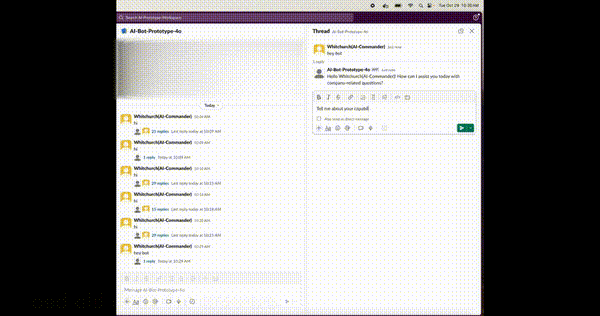 Animated demo of ZEIOS AI Slackbot providing instant answers inside Slack, trained on private enterprise data for secure and accurate workplace automation.