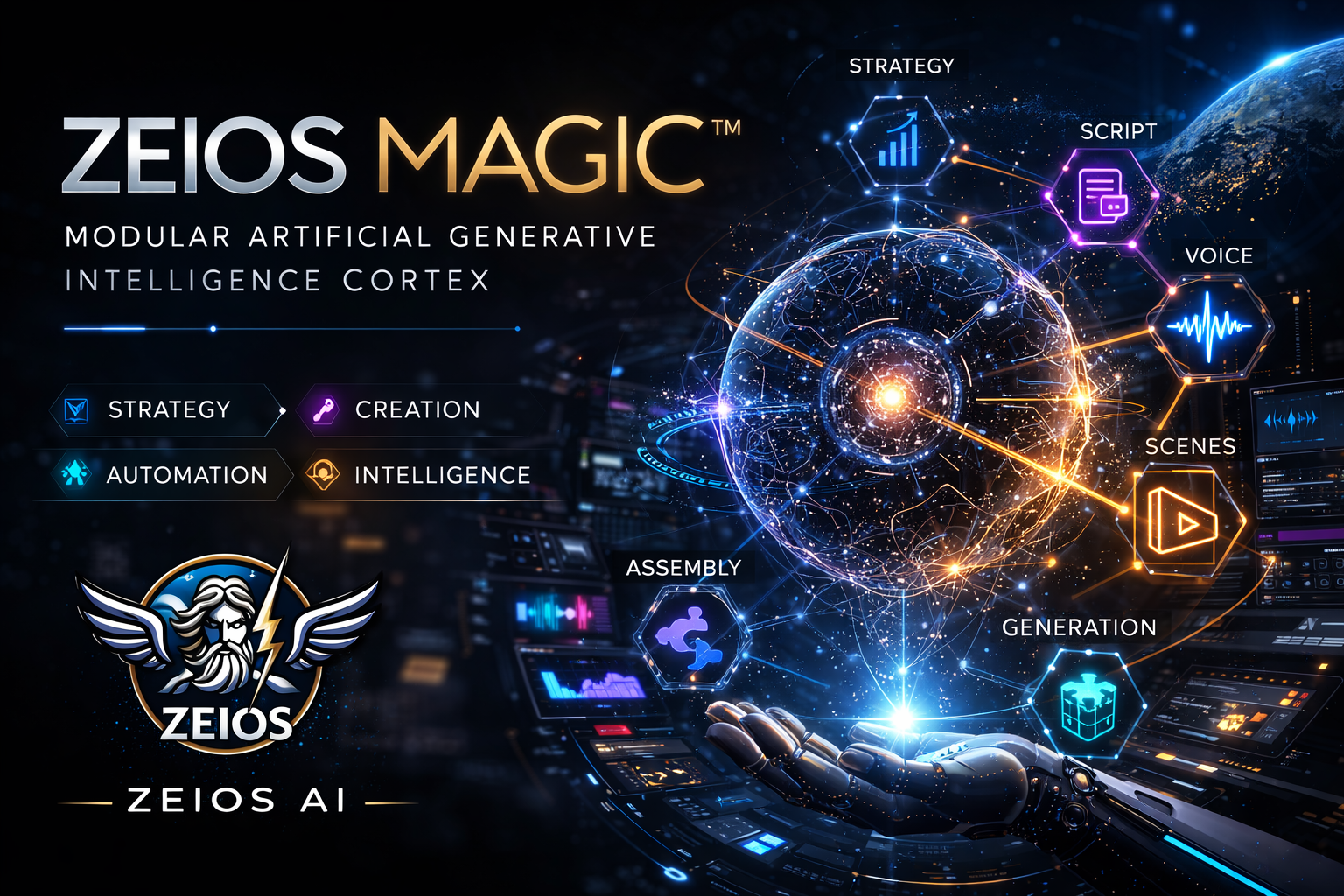 ZEIOS MAGIC modular artificial generative intelligence engine architecture visualization showing AI workflow orchestration and media generation modules