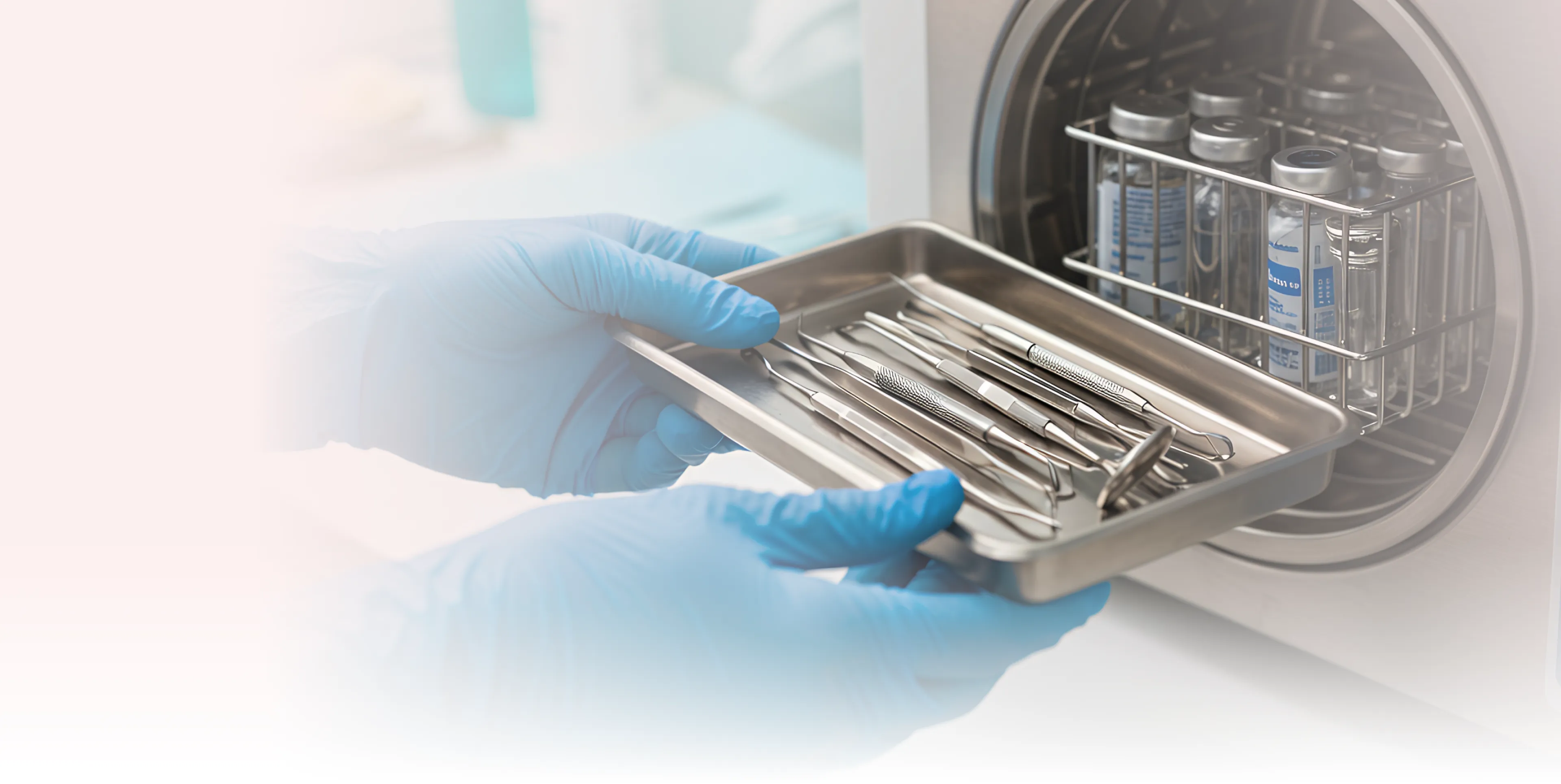 Person with blue gloves places dental tools into a sterilization machine.