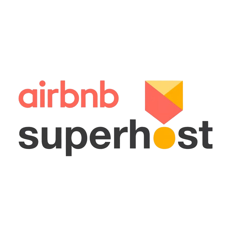 Airbnb Superhost logo with 'airbnb' in coral text, 'superhost' in black, and a geometric badge above the letter 'o'.