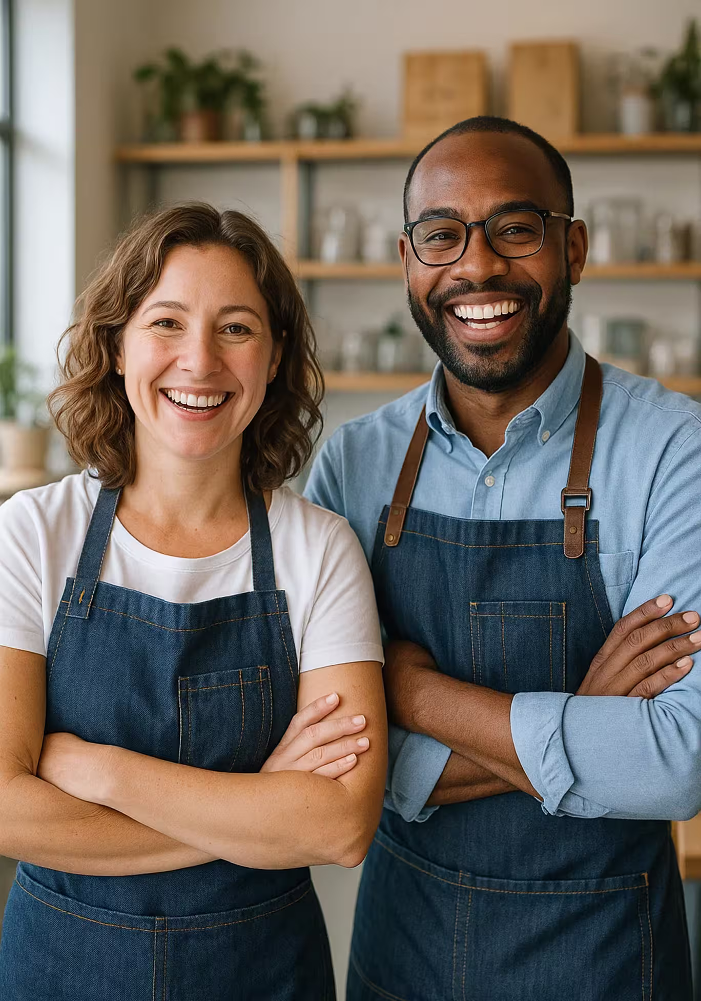 Smiling man and woman standing side by side with arms crossed, wearing denim aprons in a kitchen setting.