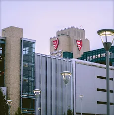 "University or institutional building with steel and glass construction