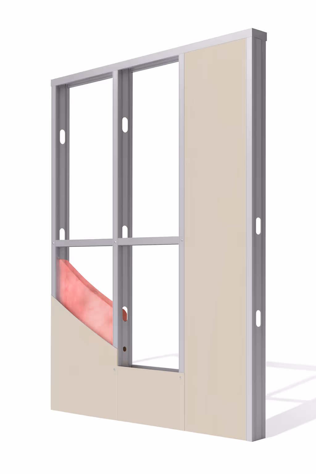 3D-rendered prefabricated wall panel with cold-formed steel framing, fiberglass insulation, pre-punched utility holes, and exterior sheathing, illustrating customizable prefab construction components.