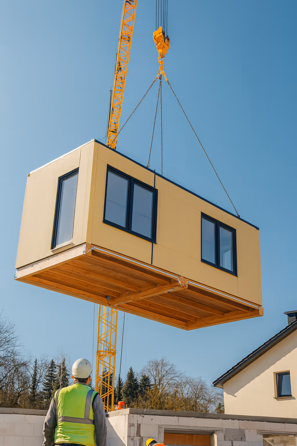 Modular building unit being lifted by a large yellow crane onto a construction site, with two workers in safety gear observing the installation process under a clear blue sky.