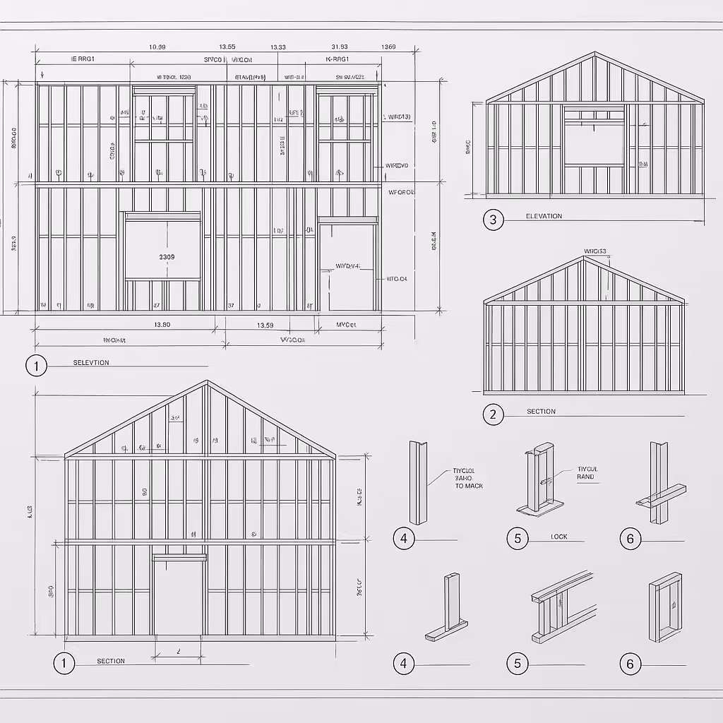 Architectural blueprint displaying structural drawings for a cold-formed steel framed building, including elevations, sections, and component diagrams for accurate metal framing design and construction.