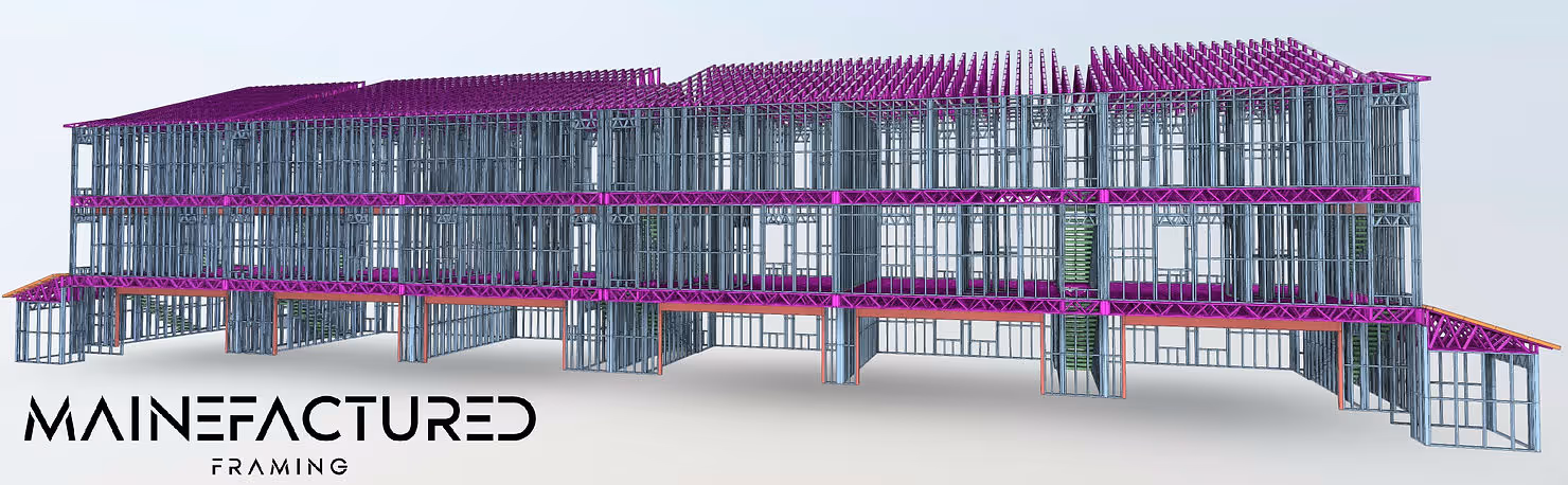 3D digital rendering of a four-story steel-framed building with detailed cold-formed steel studs, joists, and trusses, branded with the Mainefactured Framing logo—illustrating prefabricated structural framing for mid-rise construction.