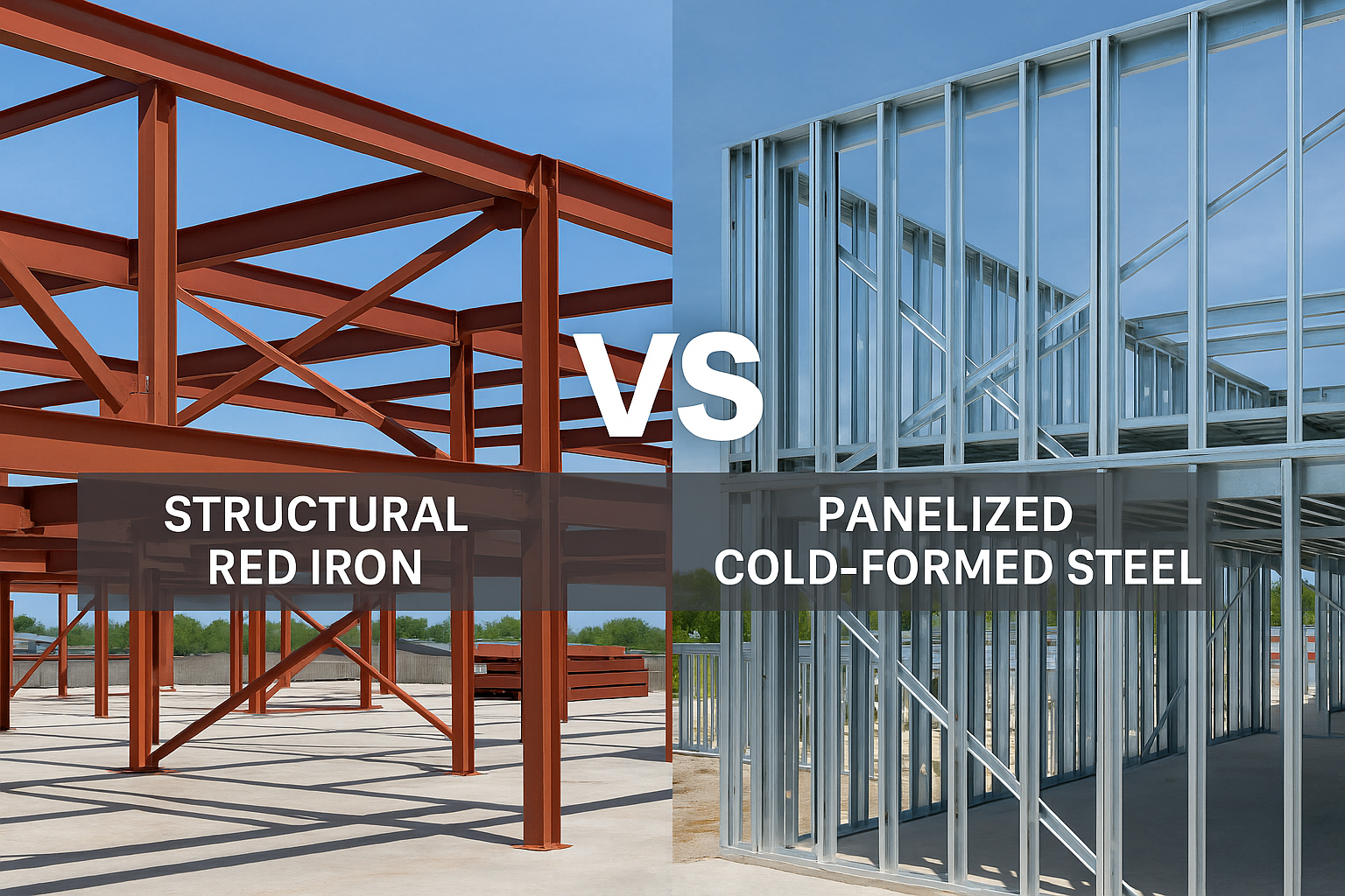 Split-screen comparison showing red iron structural steel beams lifted by a crane versus panelized cold-formed steel wall panels installed by Mainefactured Framing workers.