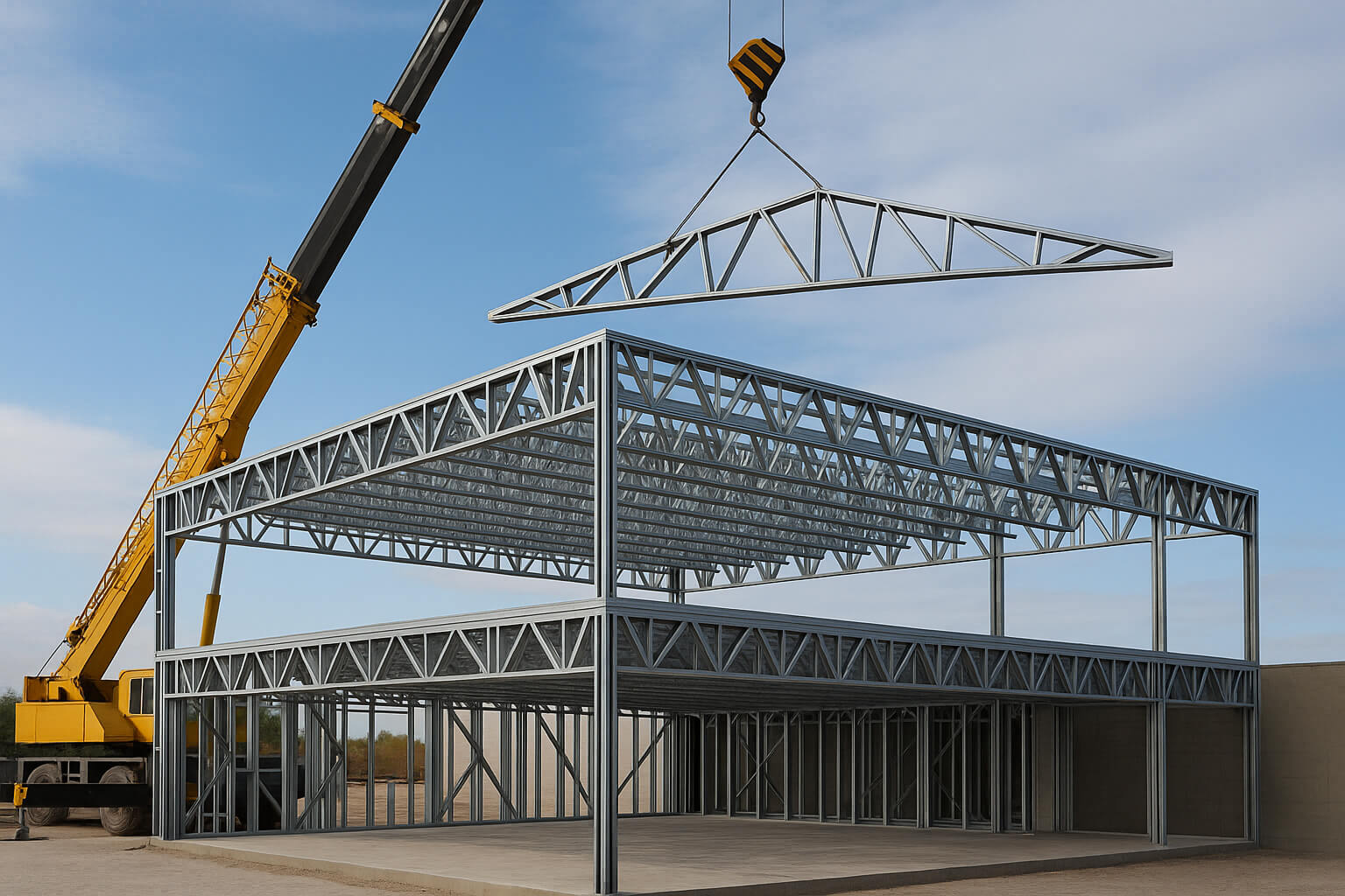 Construction site with a crane installing prefabricated steel roof trusses on a commercial building frame made of metal floor and wall trusses.