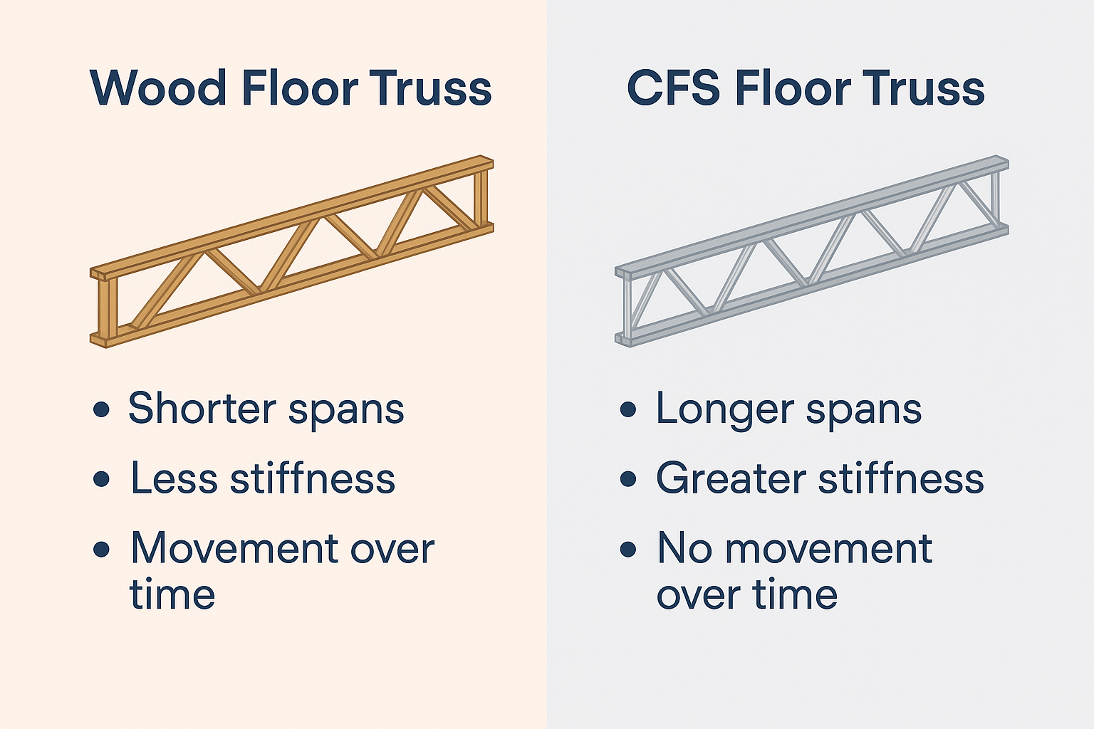 Comparison of wood and cold-formed steel floor trusses showing differences in strength, stiffness, and long-term performance.