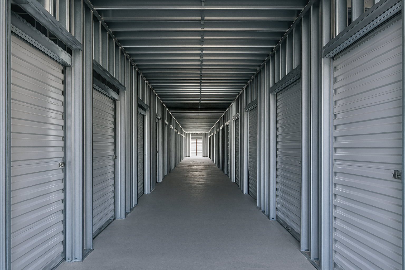 Interior corridor of a self-storage building framed with cold-formed steel studs, showing repetitive storage units and corridor walls.