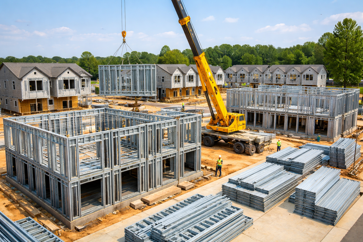 Built-to-rent residential development under construction with panelized cold-formed steel framing panels installed on multiple units.
