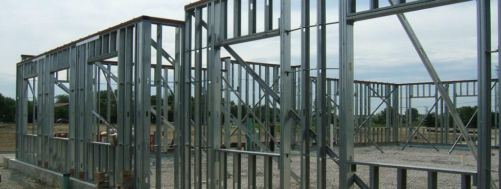 Cold-formed steel wall framing erected on site for a commercial building structure