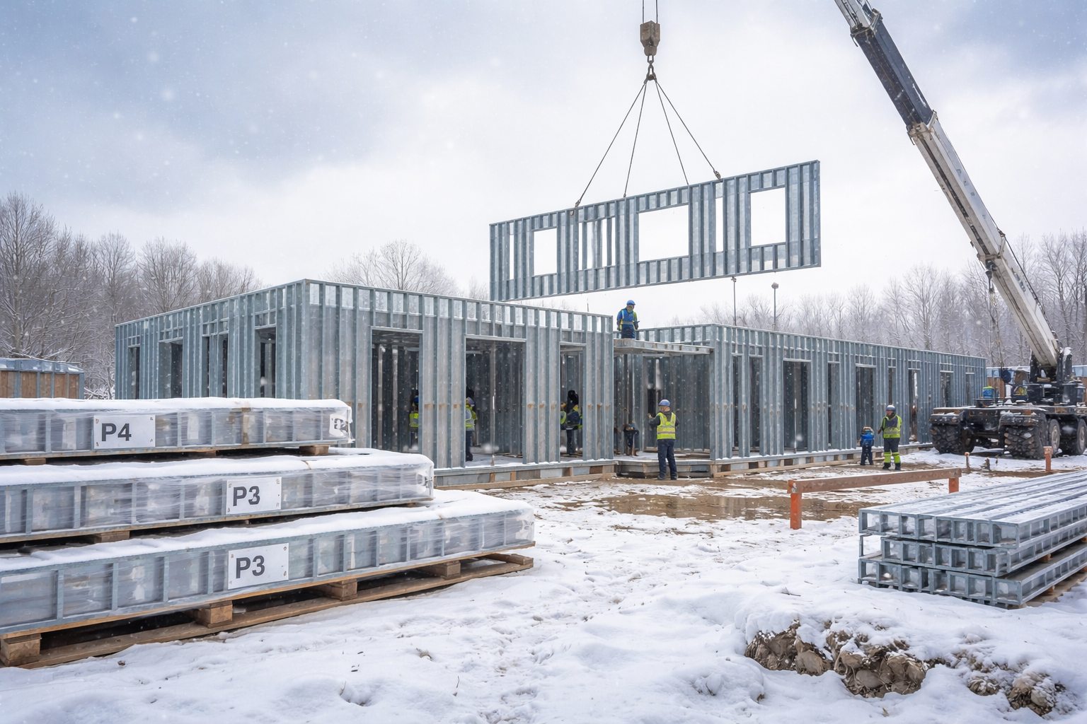 Panelized metal framing installation during winter construction conditions