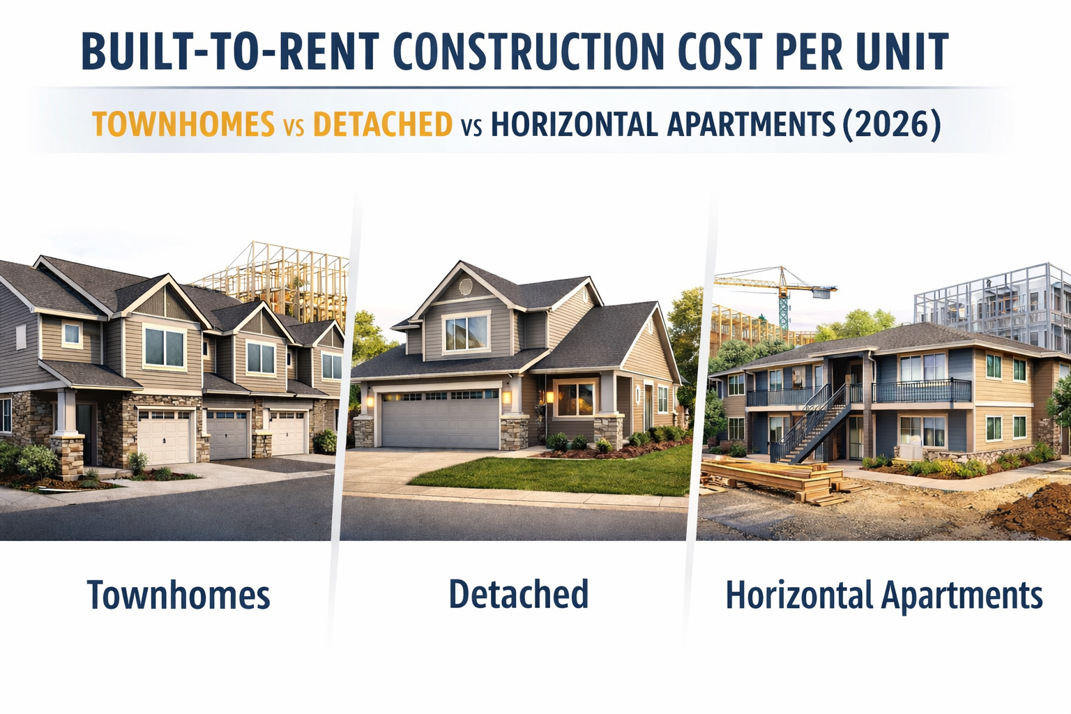 Built-to-rent construction cost per unit comparison of townhomes, detached single-family rentals, and horizontal apartments (2026) on a white background.