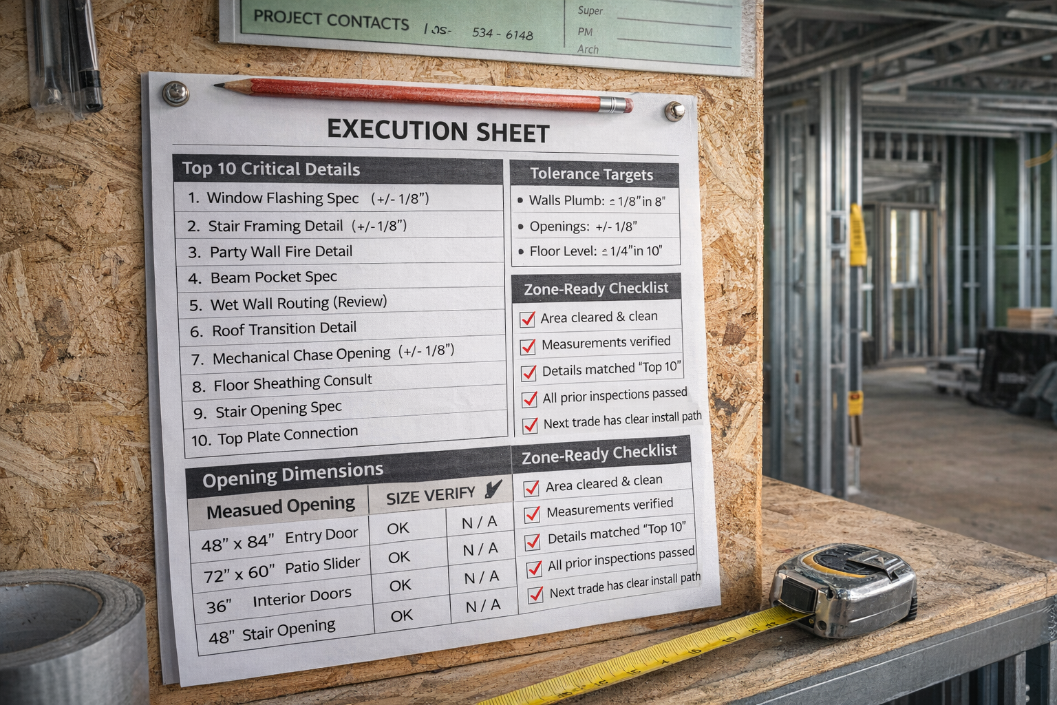 One-page construction execution checklist for luxury home building tolerance and schedule control