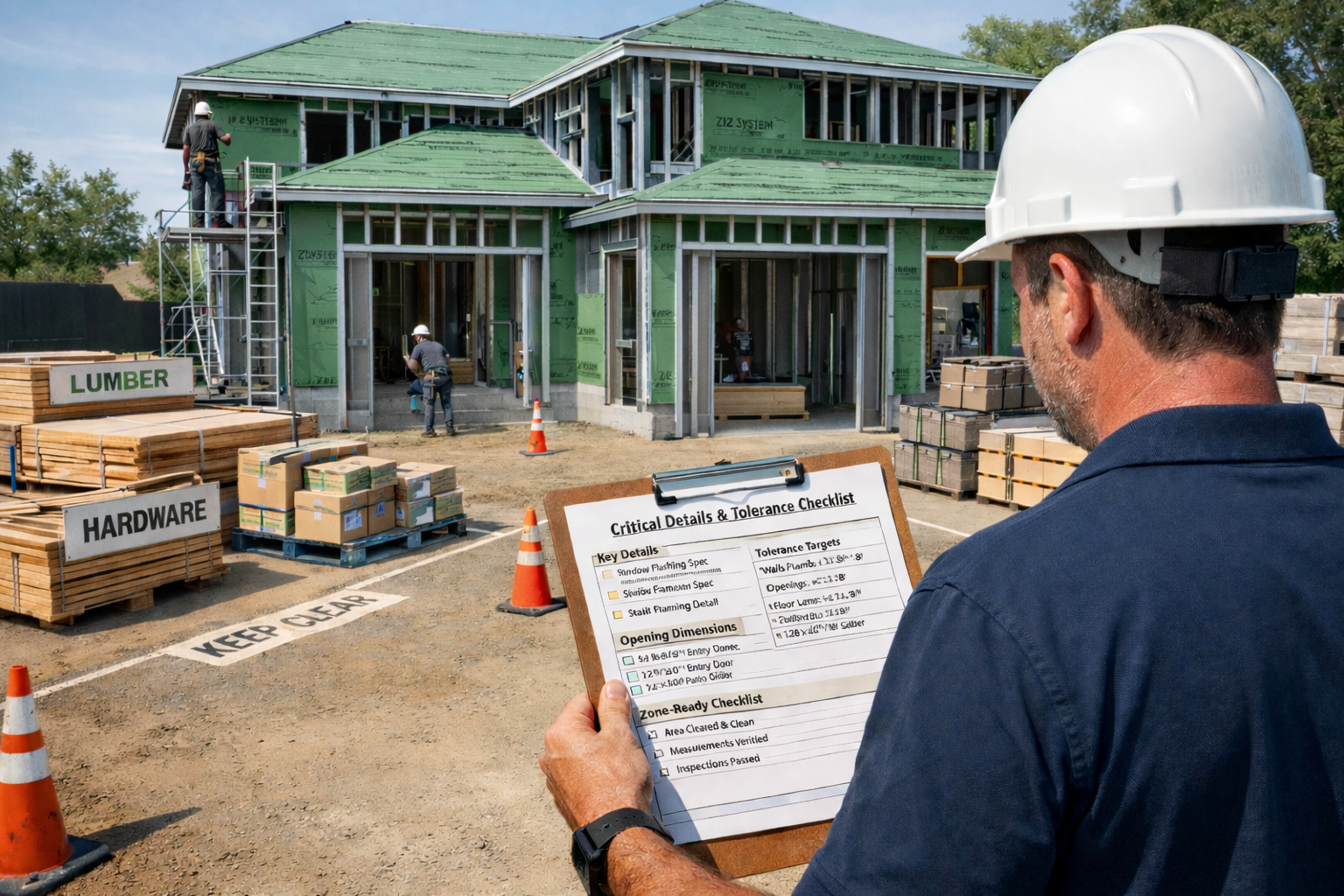 Luxury home framed with cold-formed steel studs and ZIP System sheathing, showing organized staging and a superintendent reviewing a critical details and tolerance checklist