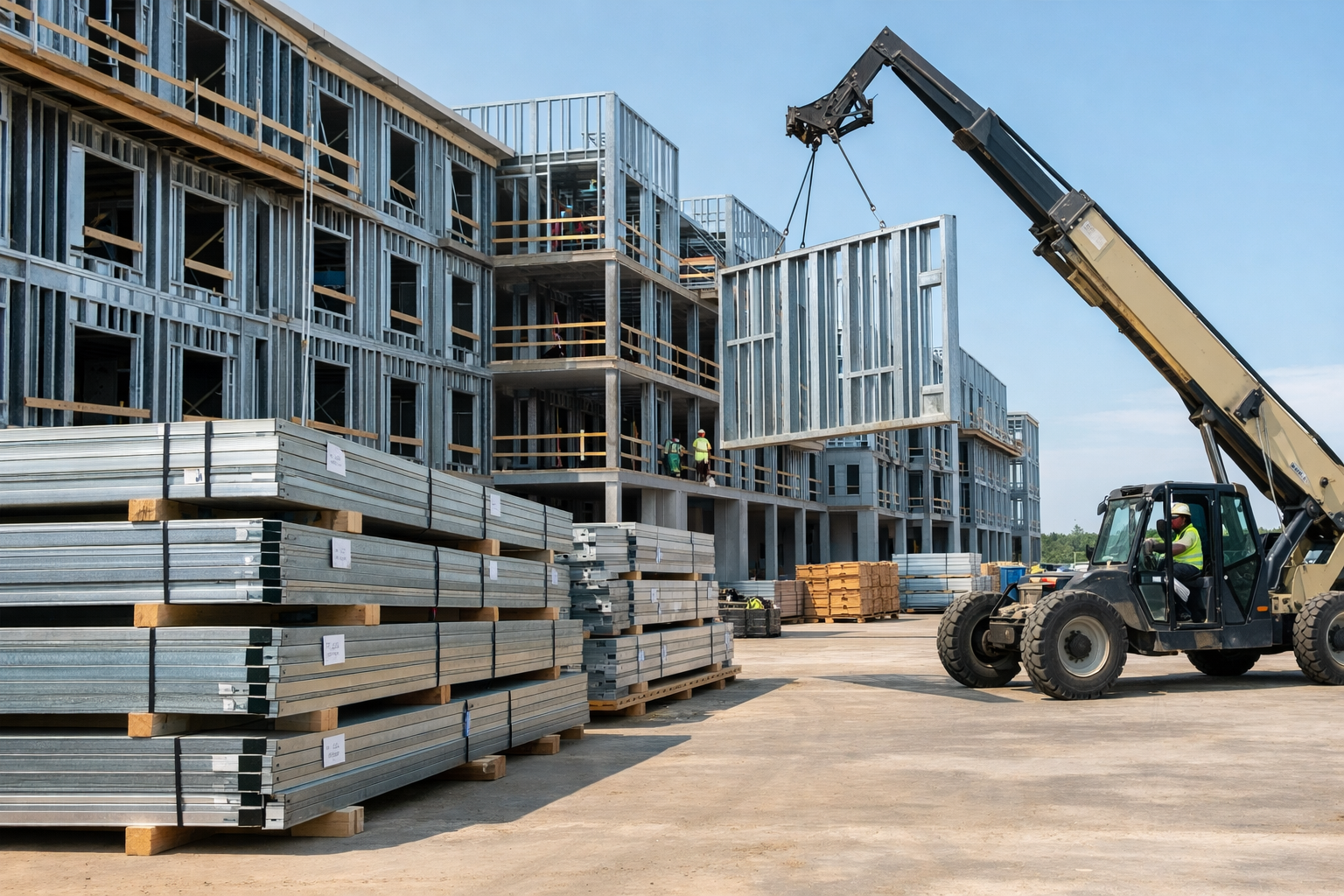 Panelized metal framing wall panels staged and installed on a multifamily construction site