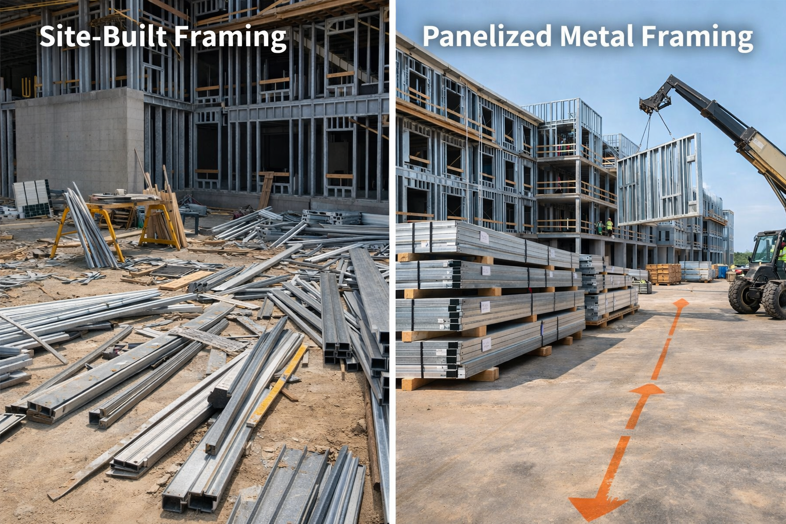 Organized panelized metal framing staging versus congested site-built framing on a multifamily jobsite