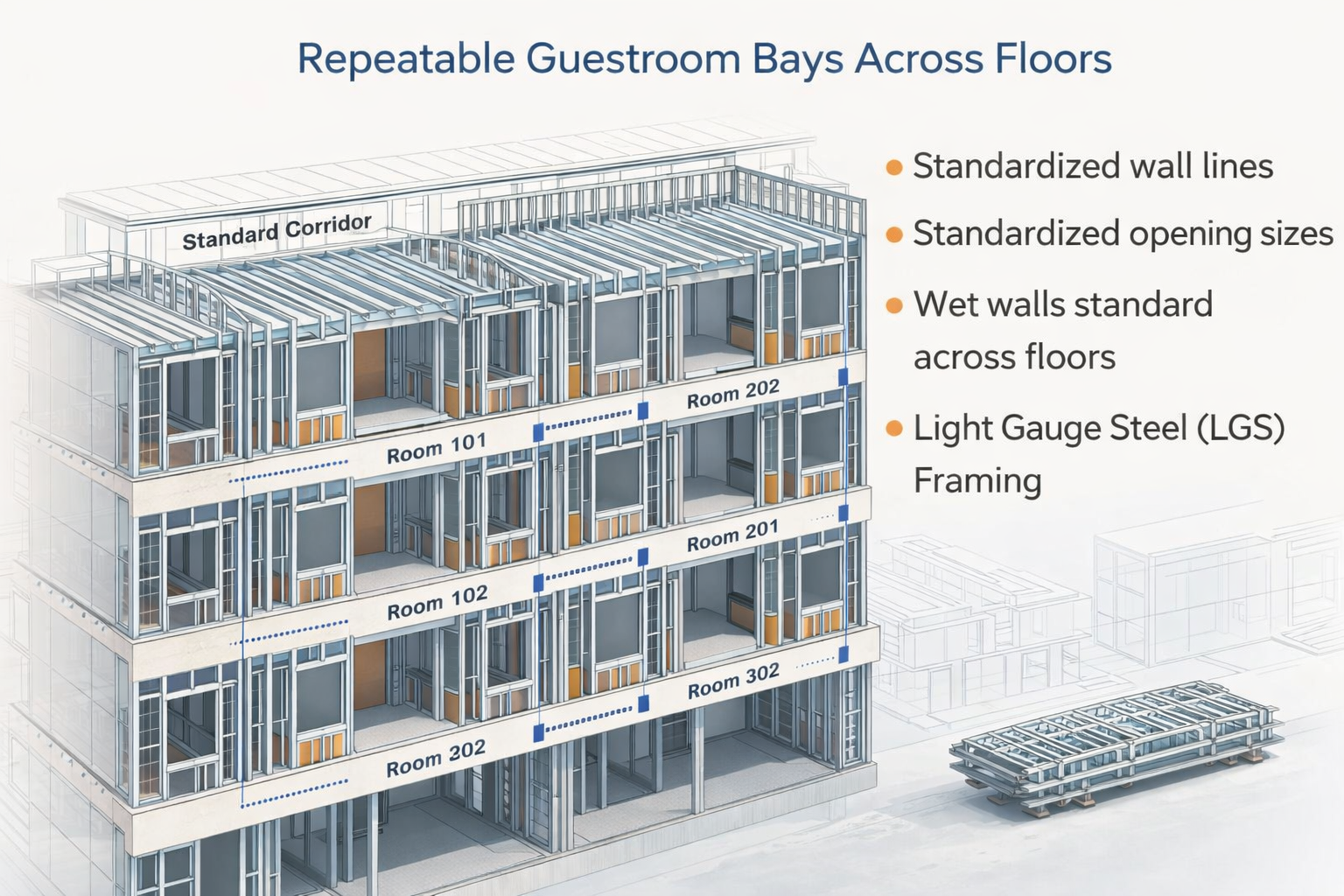 Repeatable hotel room framing layout optimized for panelized metal framing across multiple floors
