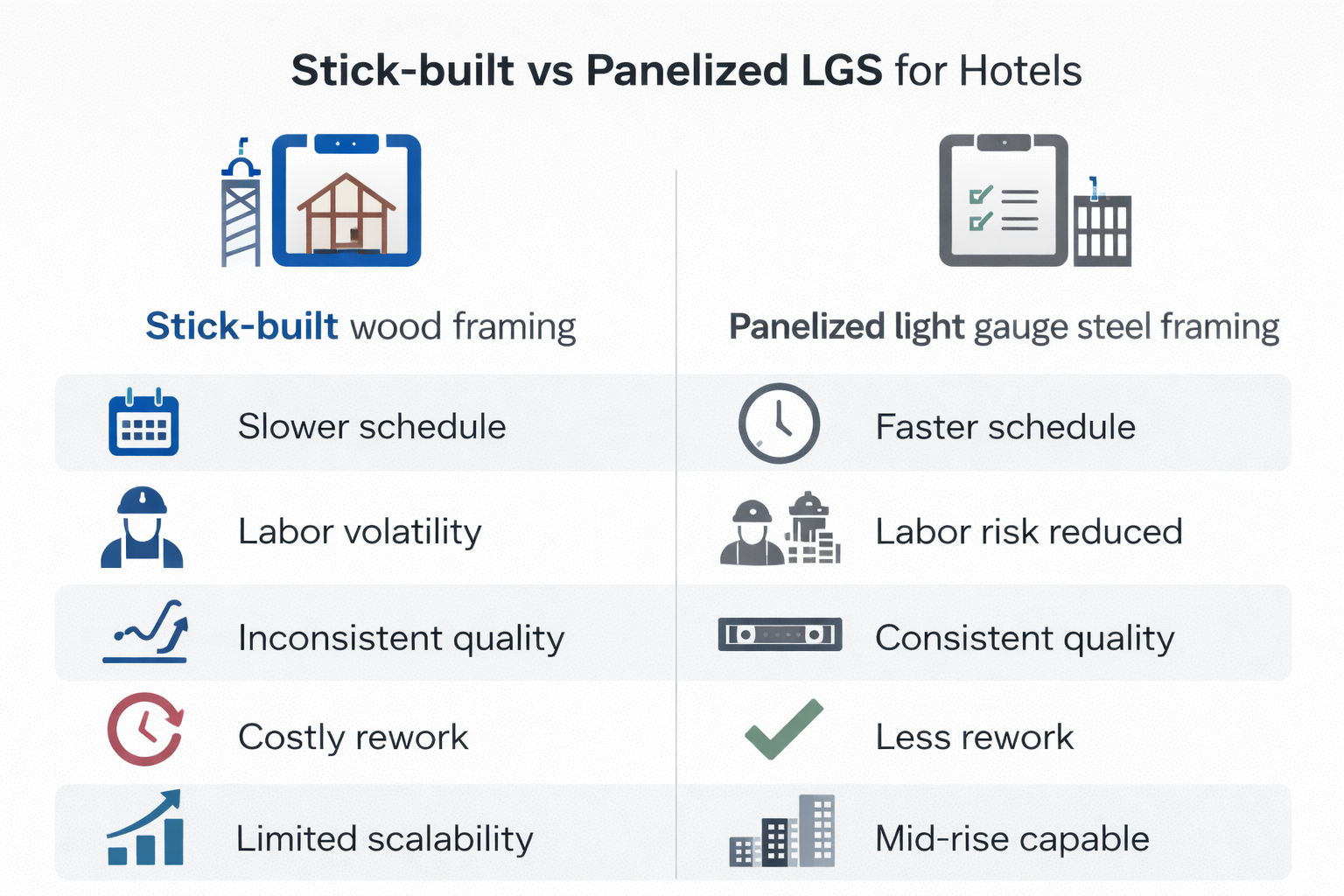 Infographic comparing stick-built wood framing vs panelized light gauge steel framing for hotels across schedule speed, labor risk, quality consistency, rework, and mid-rise scalability.