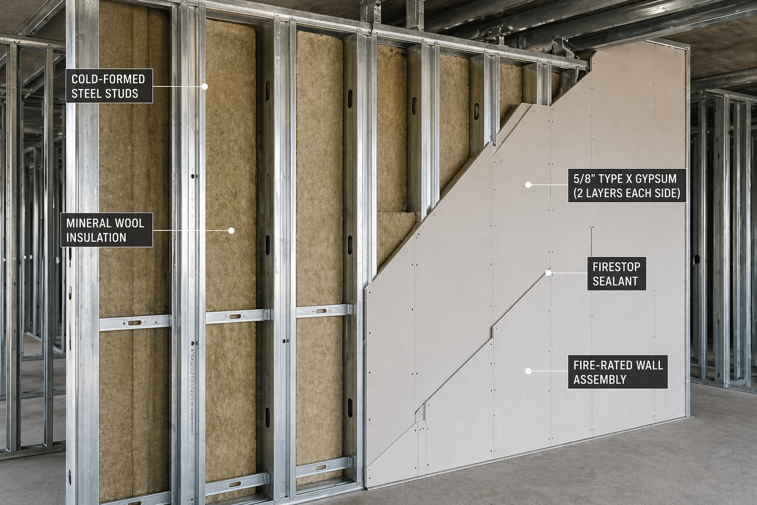 Close-up of a fire-rated cold-formed steel wall assembly under construction, showing steel studs, mineral wool insulation, layered Type X gypsum board, and labeled firestop detailing inside a framed building interior.