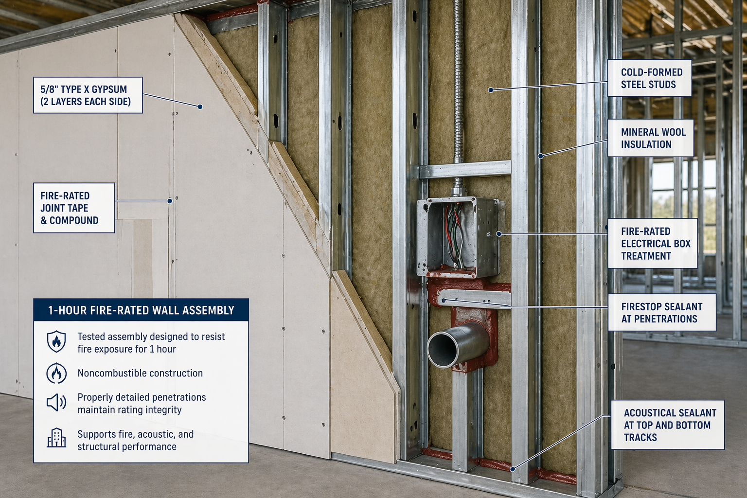 Fire-rated cold-formed steel demising wall section with gypsum layers, insulation, and coordinated MEP penetrations.