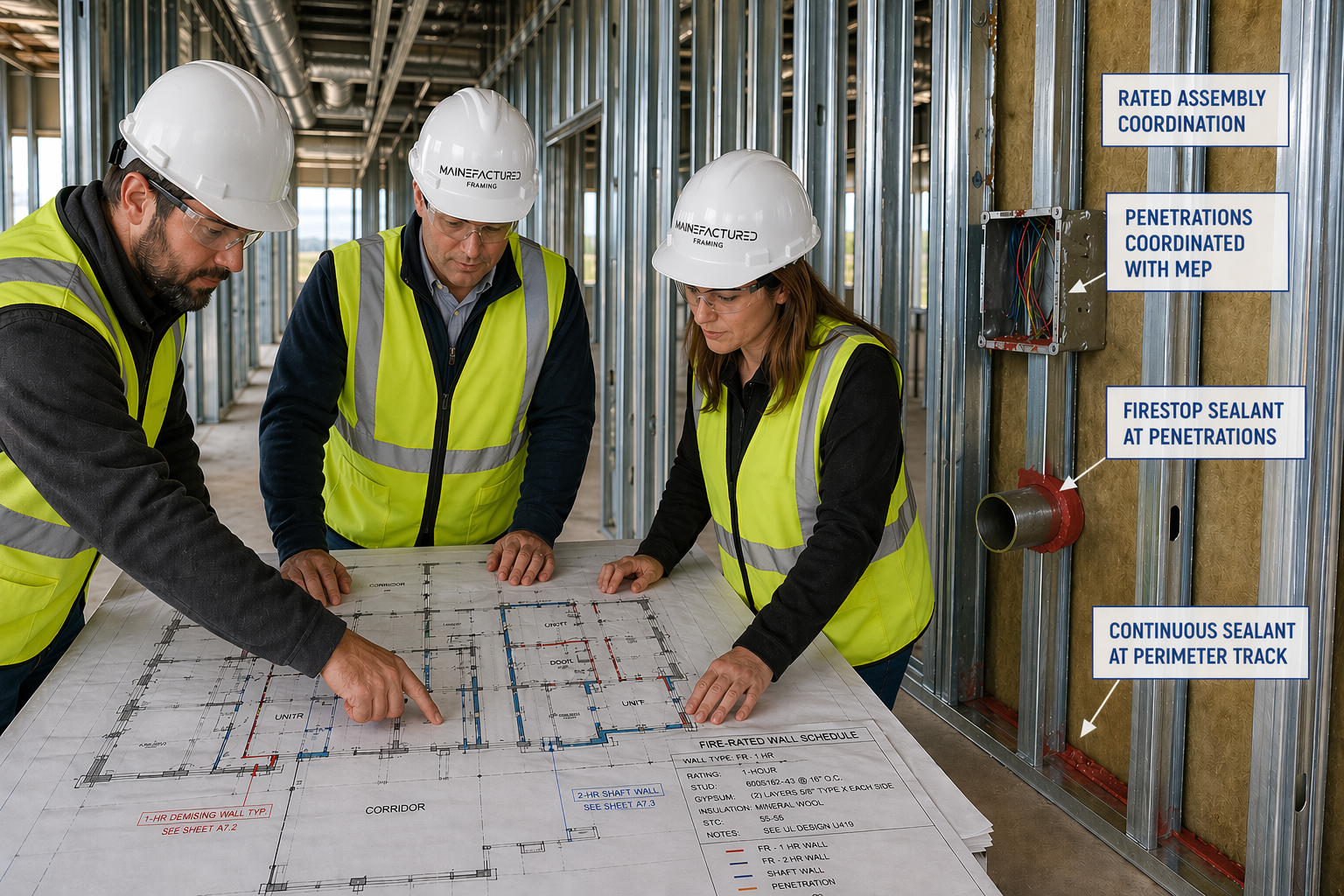 Construction team reviewing fire-rated cold-formed steel wall details and MEP penetrations before installation.