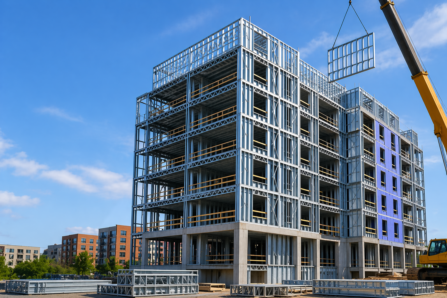 Panelized cold-formed steel framing installed on a mid-rise multifamily building with multiple stories under construction.